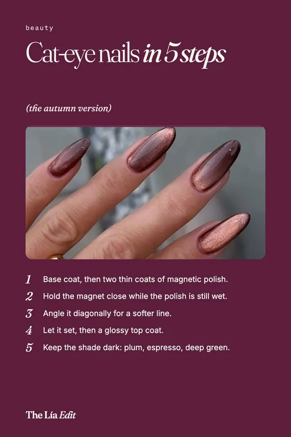 Autumn cat-eye nails in a copper and chocolate magnetic polish on almond-shaped nails